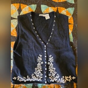 Women's Vintage Capacity Navy Vest with White Floral Beading Size Medium